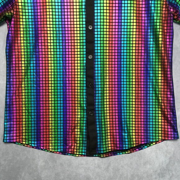 Jogal Mens Shimmer Rainbow Shirt size Large Button Up Short Sleeve Sequence - Picture 8 of 11